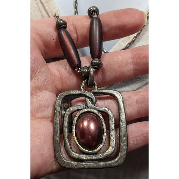 Brutalist Abstract Silver Tone Pendant Necklace With Burgundy Metallic Accents - Picture 7 of 8